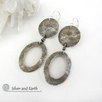 Textured Sterling Silver Hoop Dangle Earrings - Stylish Modern Everyday Jewelry