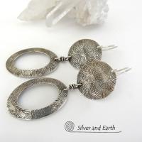 Textured Sterling Silver Hoop Dangle Earrings - Stylish Modern Everyday Jewelry