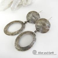Textured Sterling Silver Hoop Dangle Earrings - Stylish Modern Everyday Jewelry