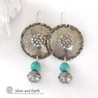 Turquoise & Sterling Silver Concho Earrings - Modern Southwestern Style Jewelry