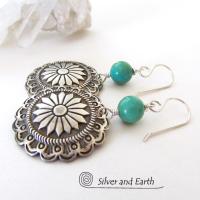 Sterling Silver Concho Earrings with Turquoise - Southwestern Jewelry