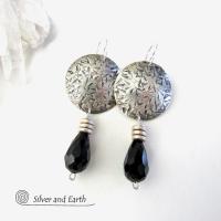 Sterling Silver Earrings with Black Crystals - Elegant Modern Silver Jewelry