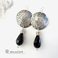 Sterling Silver Earrings with Black Crystals - Elegant Modern Silver Jewelry