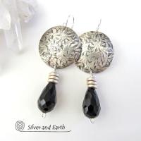 Sterling Silver Earrings with Black Crystals - Elegant Modern Silver Jewelry