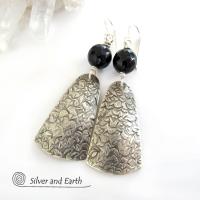 Modern Sterling Silver Earrings with Black Onyx Gemstones
