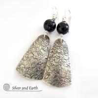 Modern Sterling Silver Earrings with Black Onyx Gemstones