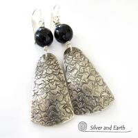 Modern Sterling Silver Earrings with Black Onyx Gemstones