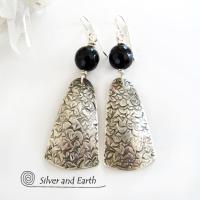 Modern Sterling Silver Earrings with Black Onyx Gemstones