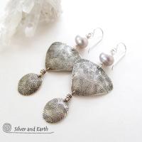 Sterling Silver Earrings with Grey Pearls - Contemporary Modern Silver Jewelry