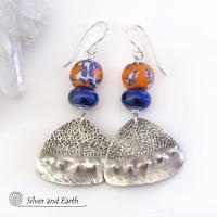 Boho Chic Sterling Silver Earrings with Blue Orange African Glass Beads & Lapis