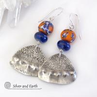 Boho Chic Sterling Silver Earrings with Blue Orange African Glass Beads & Lapis