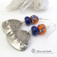 Boho Chic Sterling Silver Earrings with Blue Orange African Glass Beads & Lapis