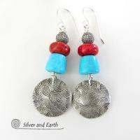Sterling Silver Earrings with Sleeping Beauty American Turquoise & Red Coral