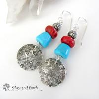 Sterling Silver Earrings with Sleeping Beauty American Turquoise & Red Coral