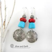 Sterling Silver Earrings with Sleeping Beauty American Turquoise & Red Coral
