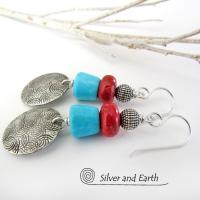 Sterling Silver Earrings with Sleeping Beauty American Turquoise & Red Coral