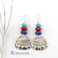 Sterling Silver Earrings with Turquoise, Coral & Sodalite - Multi-Stone Jewelry