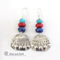Sterling Silver Earrings with Turquoise, Coral & Sodalite - Multi-Stone Jewelry