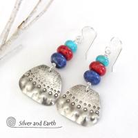 Sterling Silver Earrings with Turquoise, Coral & Sodalite - Multi-Stone Jewelry