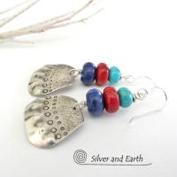 Sterling Silver Earrings with Turquoise, Coral & Sodalite - Multi-Stone Jewelry