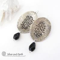 Hammered Modern Sterling Silver Dangle Earrings with Faceted Black Crystals