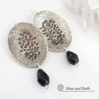 Hammered Modern Sterling Silver Dangle Earrings with Faceted Black Crystals