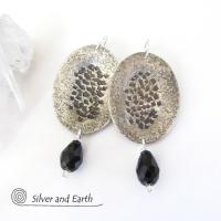 Hammered Modern Sterling Silver Dangle Earrings with Faceted Black Crystals