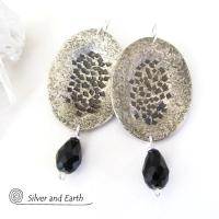Hammered Modern Sterling Silver Dangle Earrings with Faceted Black Crystals