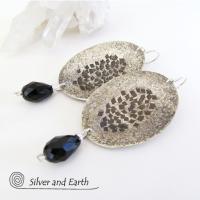 Hammered Modern Sterling Silver Dangle Earrings with Faceted Black Crystals
