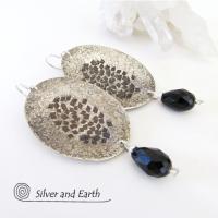 Hammered Modern Sterling Silver Dangle Earrings with Faceted Black Crystals