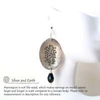 Hammered Modern Sterling Silver Dangle Earrings with Faceted Black Crystals