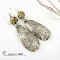 Sterling Silver Dangle Earrings with Jasper Stones - Modern Earthy Jewelry