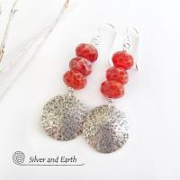 Round Sterling Silver Dangle Earrings with Orange Fire Agate Gemstones