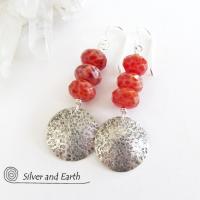 Round Sterling Silver Dangle Earrings with Orange Fire Agate Gemstones