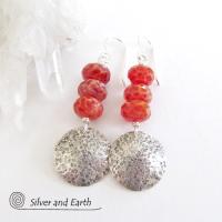 Round Sterling Silver Dangle Earrings with Orange Fire Agate Gemstones