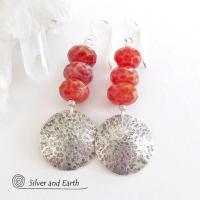 Round Sterling Silver Dangle Earrings with Orange Fire Agate Gemstones