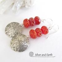 Round Sterling Silver Dangle Earrings with Orange Fire Agate Gemstones