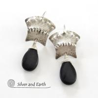 Sterling Silver Egyptian Earrings with Black Onyx Gemstone - Bold Exotic Jewelry