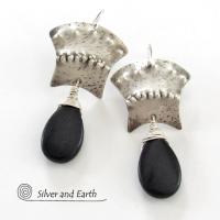 Sterling Silver Egyptian Earrings with Black Onyx Gemstone - Bold Exotic Jewelry