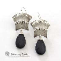 Sterling Silver Egyptian Earrings with Black Onyx Gemstone - Bold Exotic Jewelry