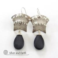 Sterling Silver Egyptian Earrings with Black Onyx Gemstone - Bold Exotic Jewelry