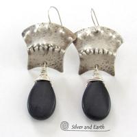 Sterling Silver Egyptian Earrings with Black Onyx Gemstone - Bold Exotic Jewelry