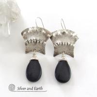 Sterling Silver Egyptian Earrings with Black Onyx Gemstone - Bold Exotic Jewelry