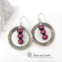 Sterling Silver Hoop Earrings with Faceted Burgundy Pearls - Dressy Jewelry