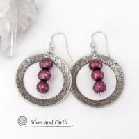 Sterling Silver Hoop Earrings with Faceted Burgundy Pearls - Dressy Jewelry