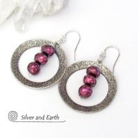 Sterling Silver Hoop Earrings with Faceted Burgundy Pearls - Dressy Jewelry
