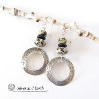 Sterling Silver Hoop Earrings with Dalmatian Jasper Stones