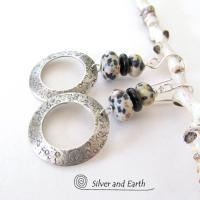 Sterling Silver Hoop Earrings with Dalmatian Jasper Stones