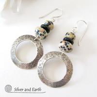 Sterling Silver Hoop Earrings with Dalmatian Jasper Stones