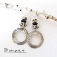 Sterling Silver Hoop Earrings with Dalmatian Jasper Stones
